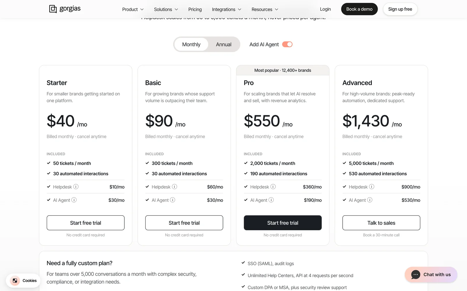 Screenshot of the Gorgias pricing page on October 1, 2026: monthly billing with AI Agent added, Starter $40, Basic $90, Pro $550 and Advanced $1,430 a month, each split into the helpdesk price and the AI Agent price.