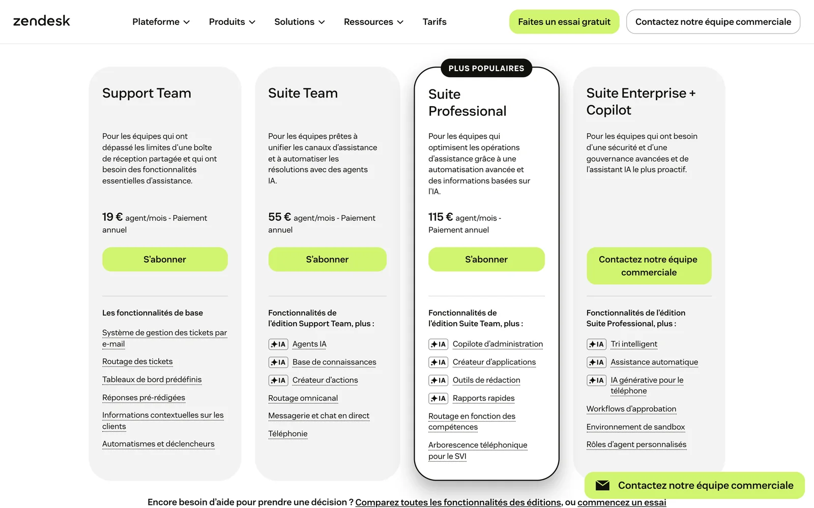 Screenshot of the Zendesk pricing page on October 1, 2026: Support Team €19, Suite Team €55 and Suite Professional €115 per agent a month on annual billing, with Suite Enterprise + Copilot on request.