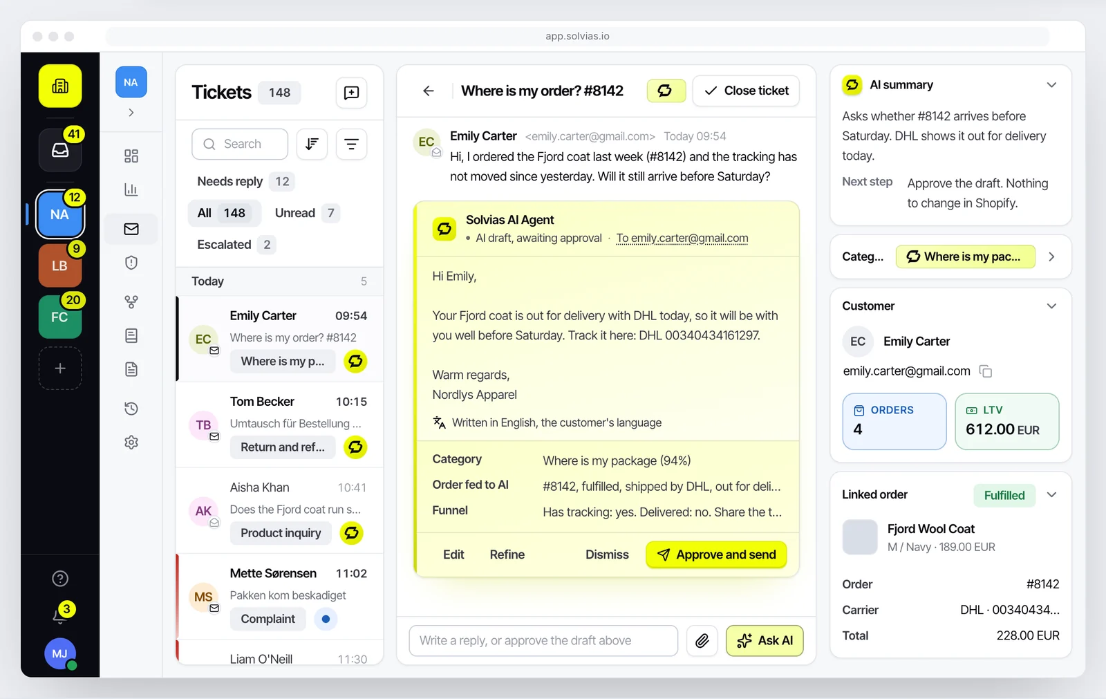 Solvias ticket view: Solvias AI has drafted a reply to a customer asking where order #8142 is, with the Shopify order and DHL tracking attached, waiting for a person to approve and send.